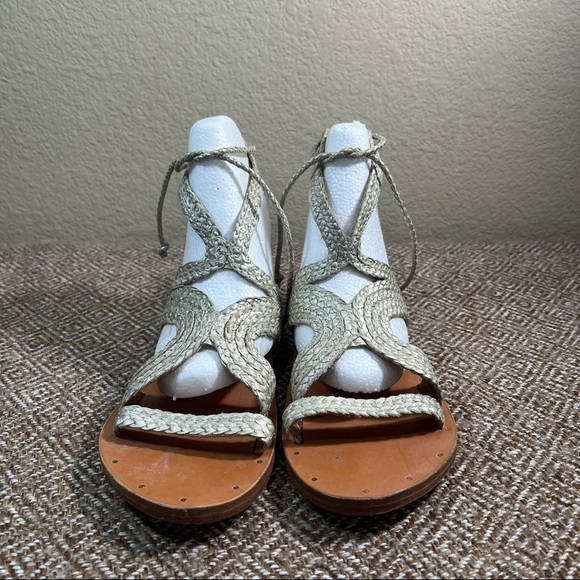 BEEK BY TWO BIRDS Cuckoo Ankle Tie Sandal BRAIDED LEATHER Womens SZ 7 Beach EUC - Picture 5 of 6